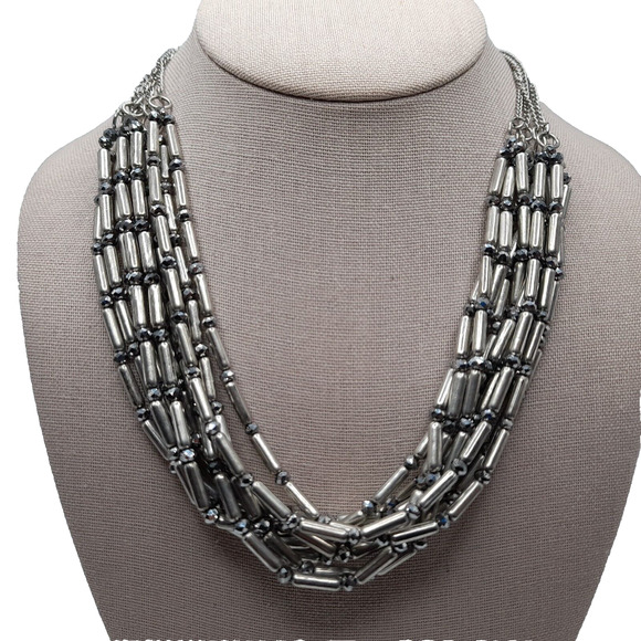 CHICO'S Silver Metal Crystal Bead Layered Multi Strand STATEMENT NECKLACE NWT - Picture 9 of 11